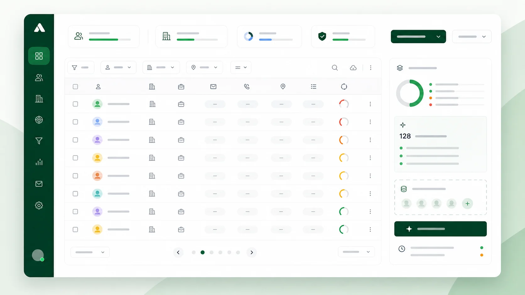 Mockup de tabla de leads B2B con datos de contacto pendientes de completar