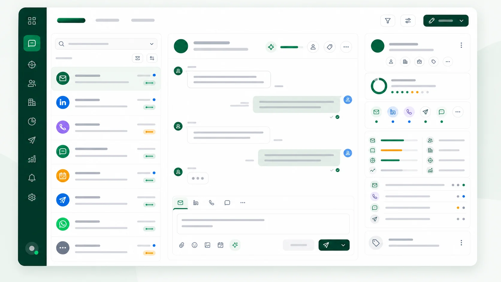 Mockup de inbox multicanal con conversaciones comerciales centralizadas