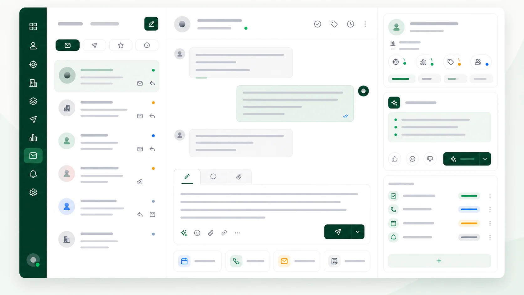 Mockup de respuesta sugerida y siguiente acción en inbox comercial